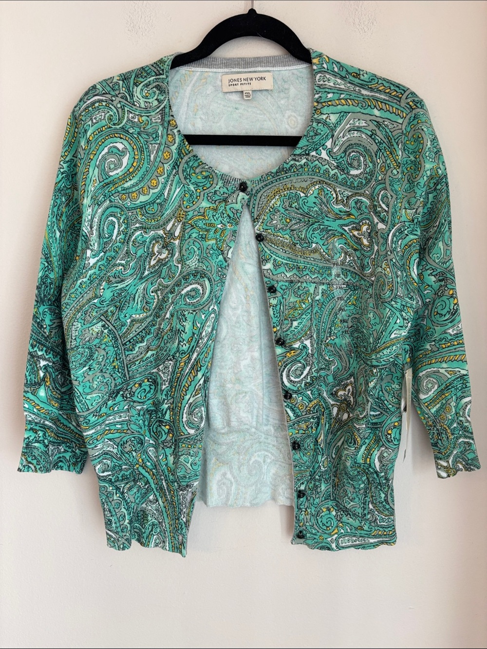 Jones New York Teal Aqua Paisley Cardigan stretchy casual sweater womens XLP NWT